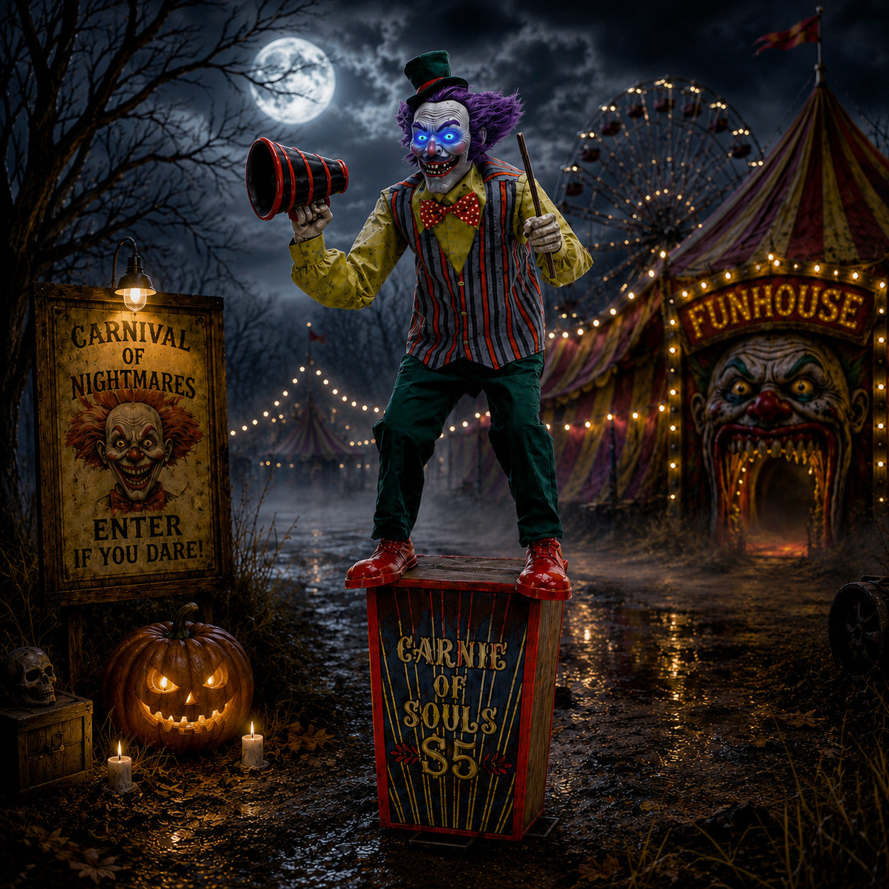 6ft (72 Inch) Tall Servo Carnival Barker Halloween Animatronic with Glowing Digi-Eyes