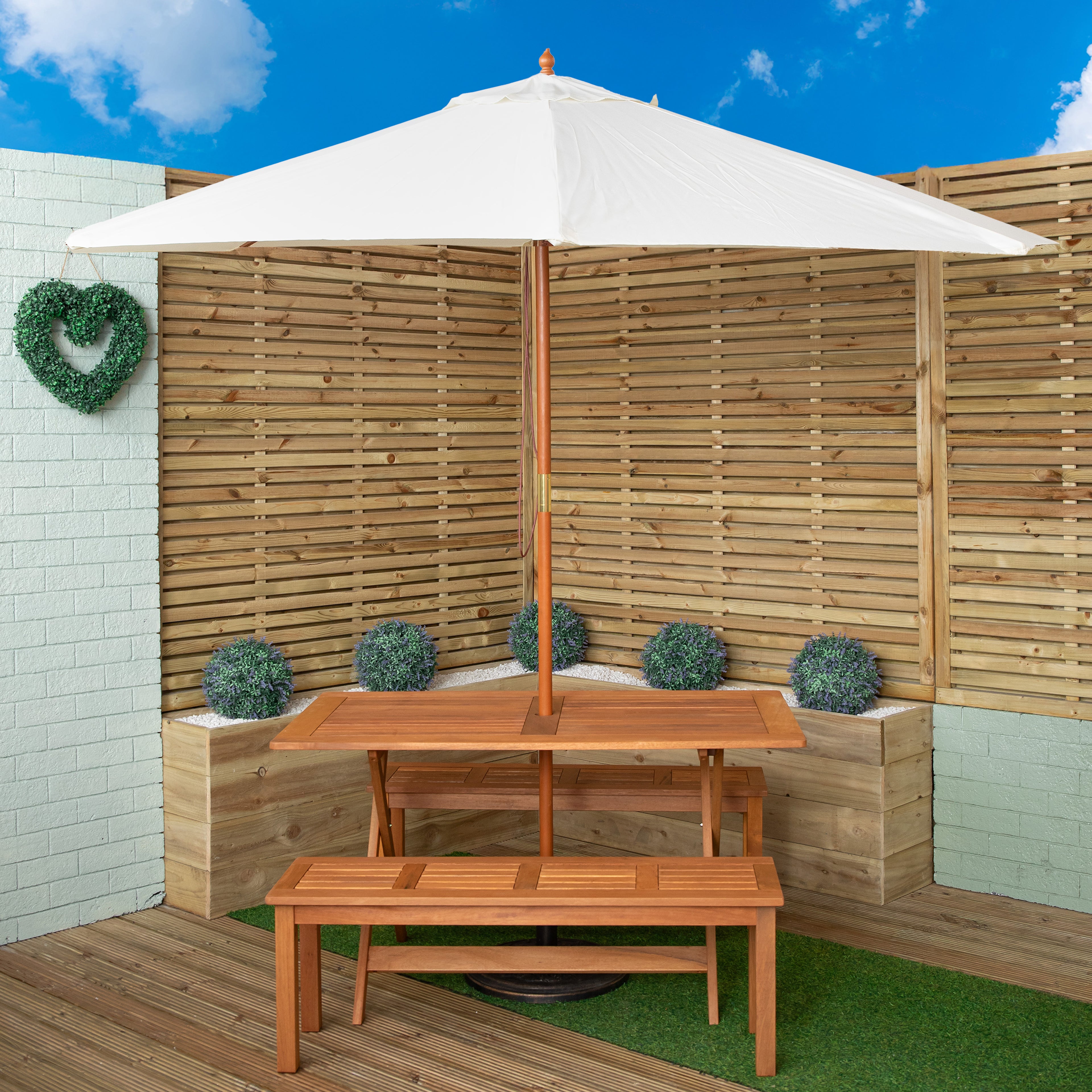 Outdoor 4 Person Rectangular Wooden Garden Dining Table, 2 Benches with Cream Parasol and Base Set