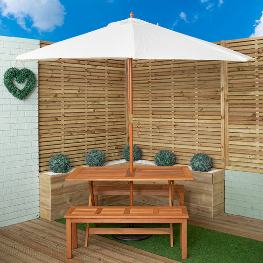 Outdoor 4 Person Rectangular Wooden Garden Dining Table, 2 Benches with Cream Parasol and Base Set