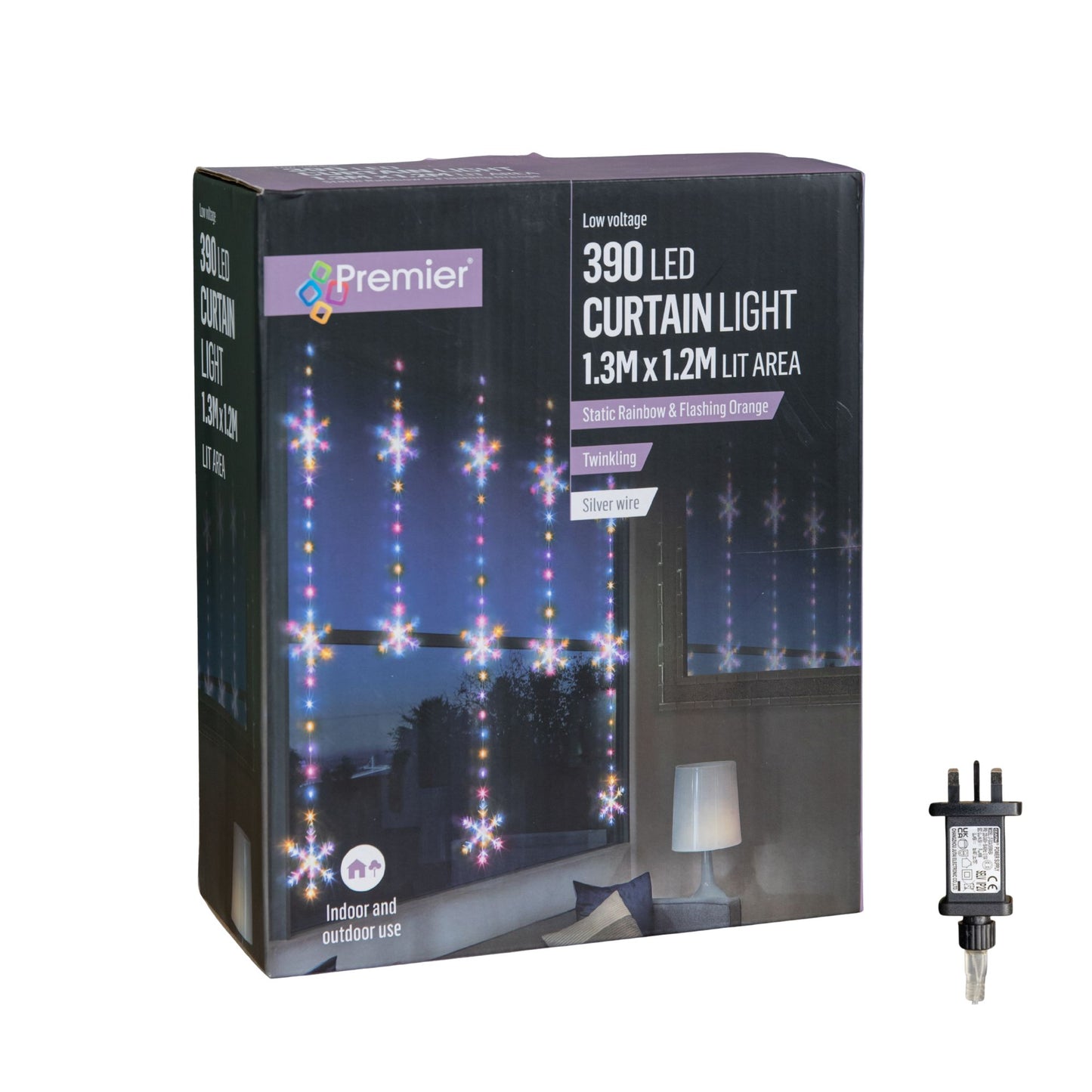 1.3m x 1.2m Light up Snowflake Christmas Curtain Lights with 390 Rainbow & Orange Twinkling LEDs