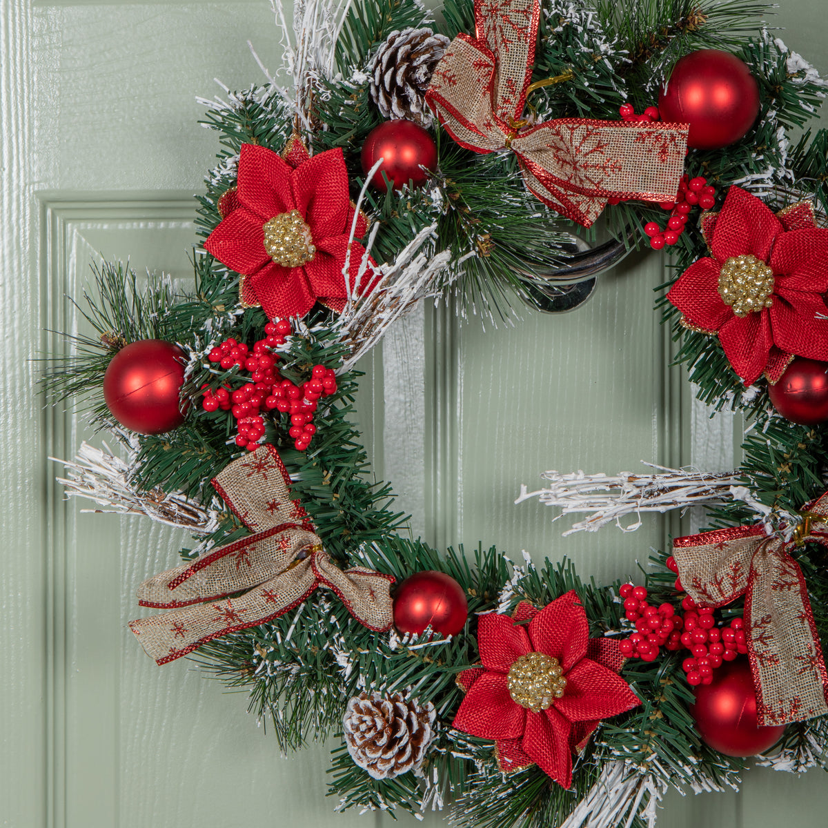 40cm Christmas Wreath with Snow Tipped Branches, Red Berries, Baubles and Bows