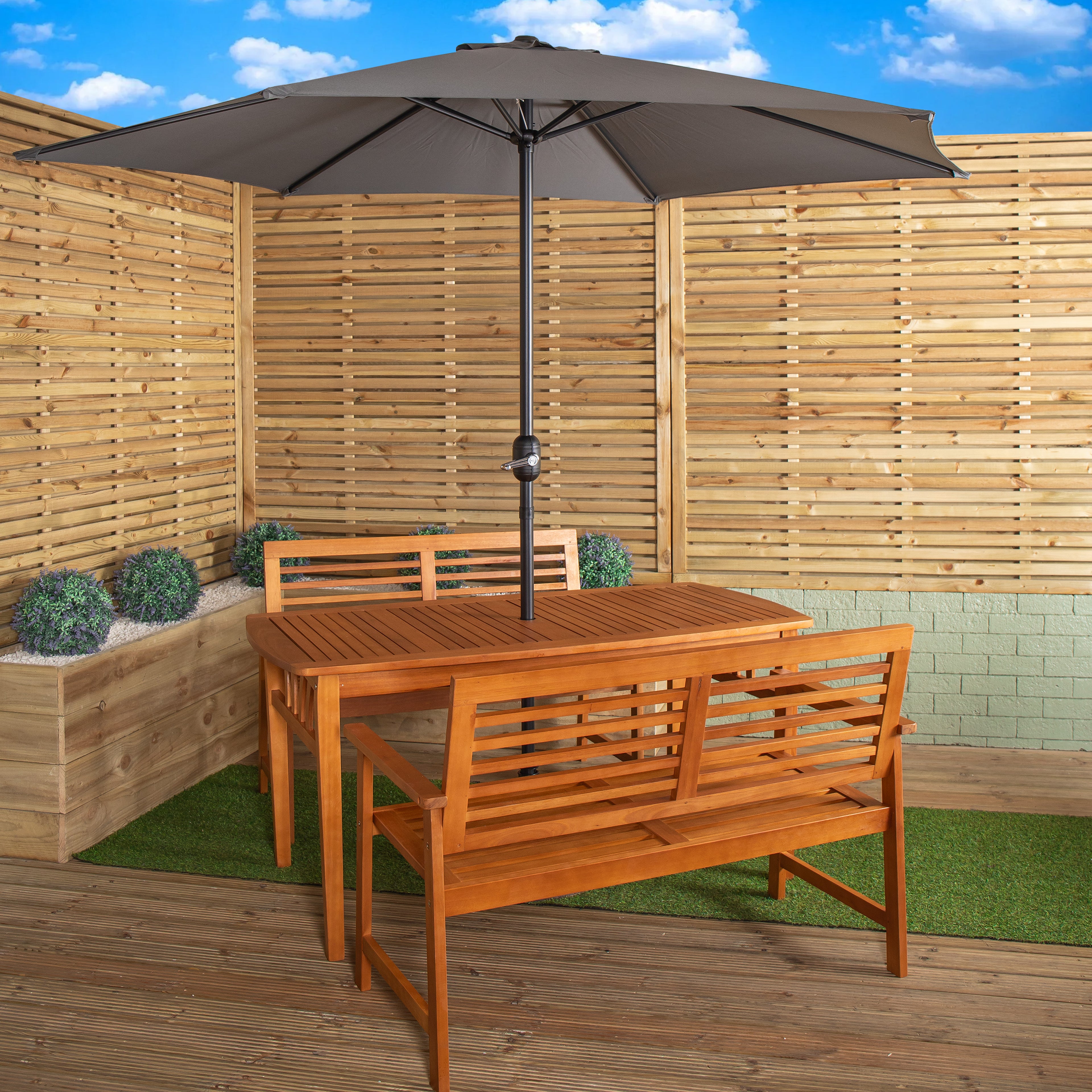 Outdoor 4 Person Rectangular Wooden Garden Table, 2 Benches with Grey Havana Parasol & Base