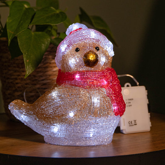 Factory Seconds: 19cm Battery Operated Light up Acrylic Christmas Robin Decoration with 24 White LEDs