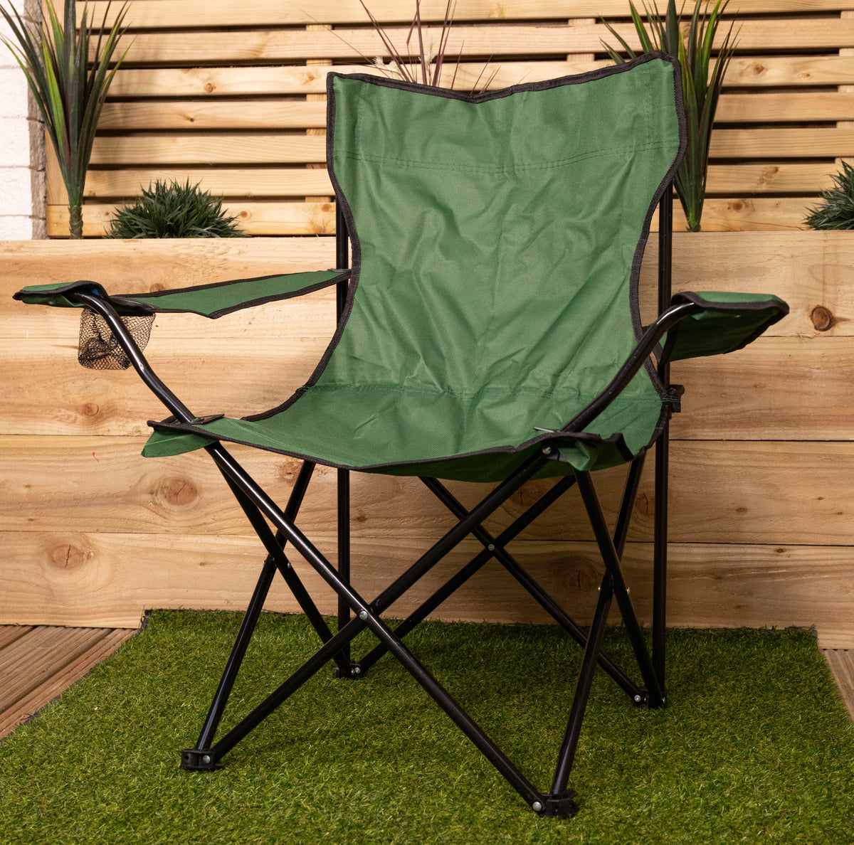Green Folding Canvas Camping / Festival / Outdoor Chair with Arms and Cup Holder