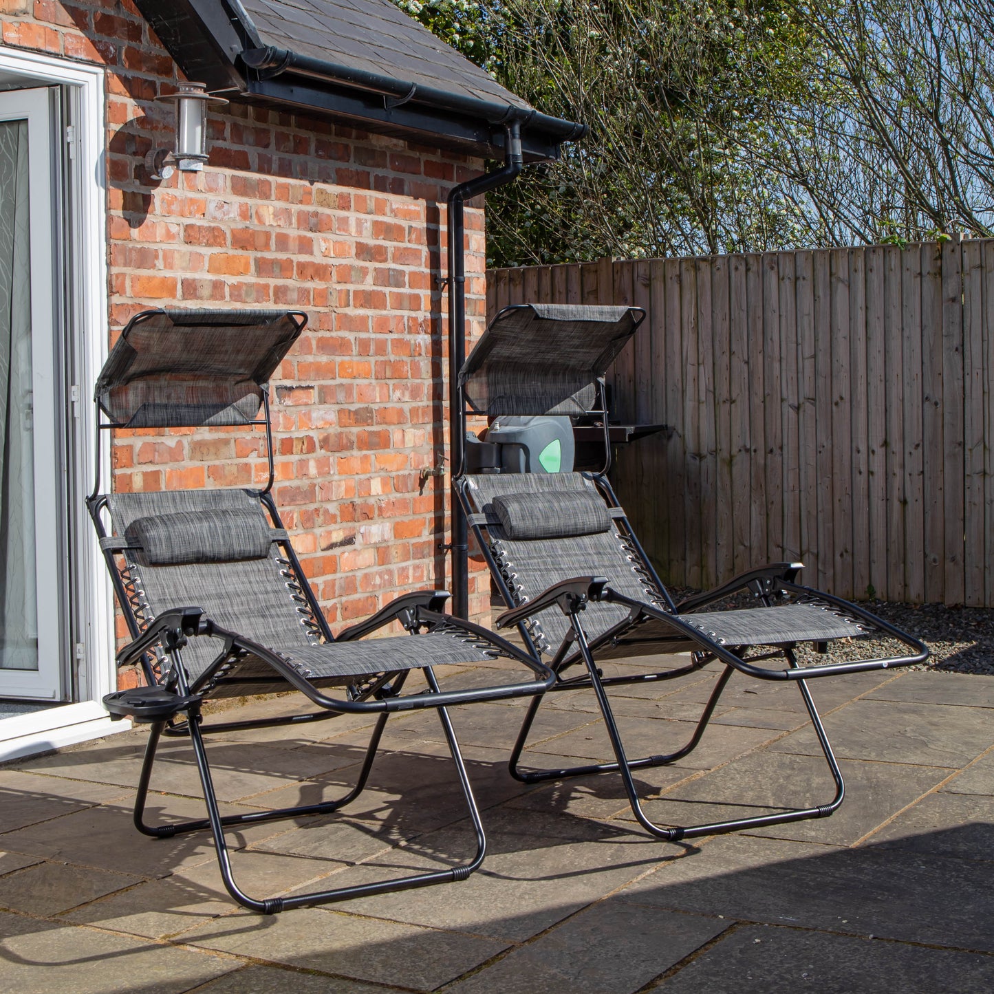 Pack of 2 Multi Position Garden Gravity Relaxer Chair Sun Loungers with Sun Canopy in Grey