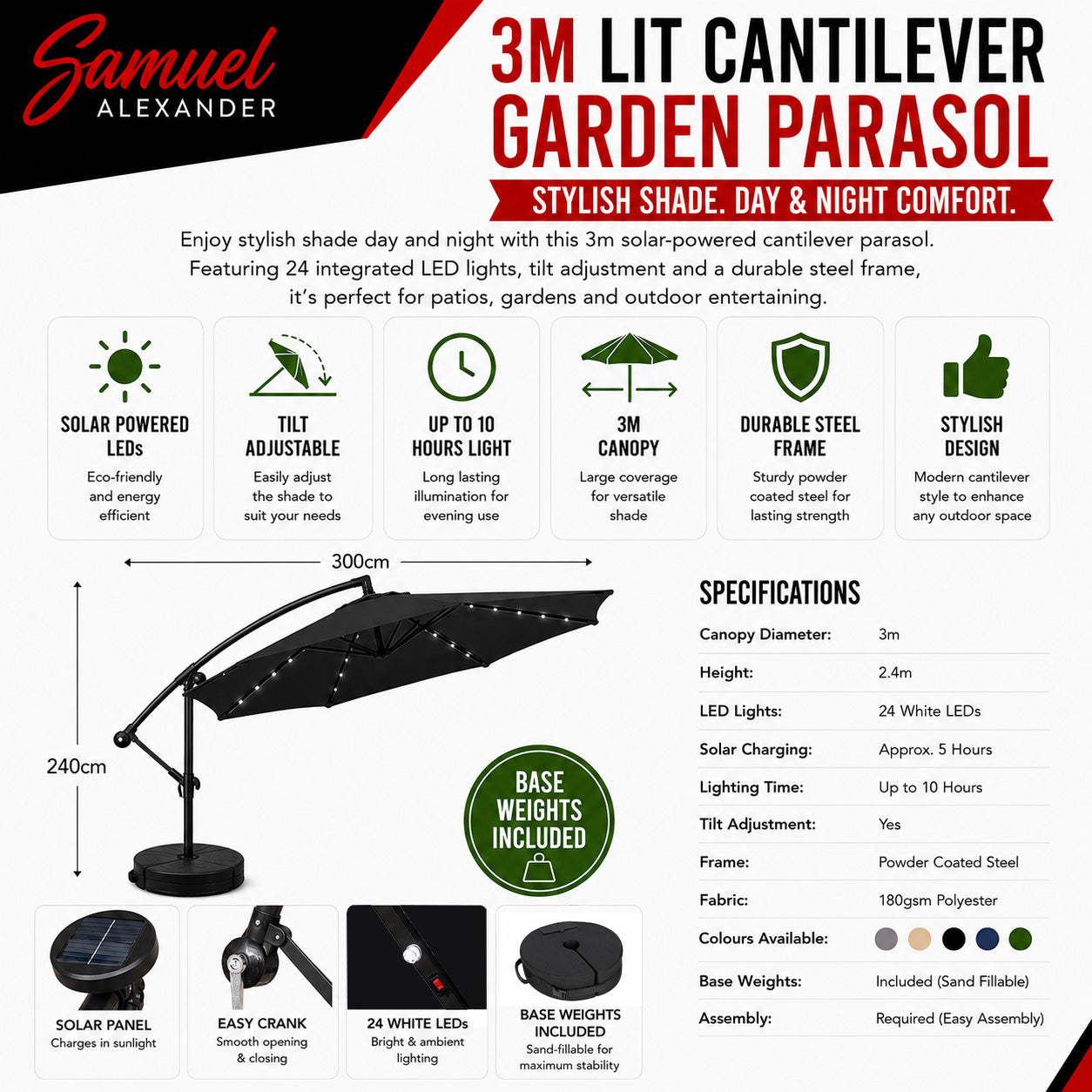 3m Solar Powered Cantilever Lit Banana Garden Parasol with Crank Handle & White LED Lights in Black with Base Bag Included