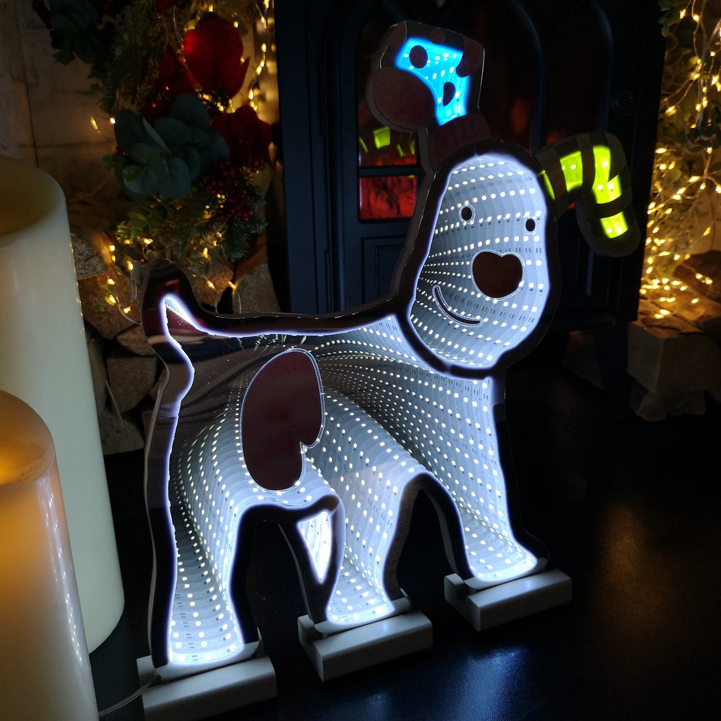 40cm LED Infinity Snowdog Christmas Decoration with Wooden Base