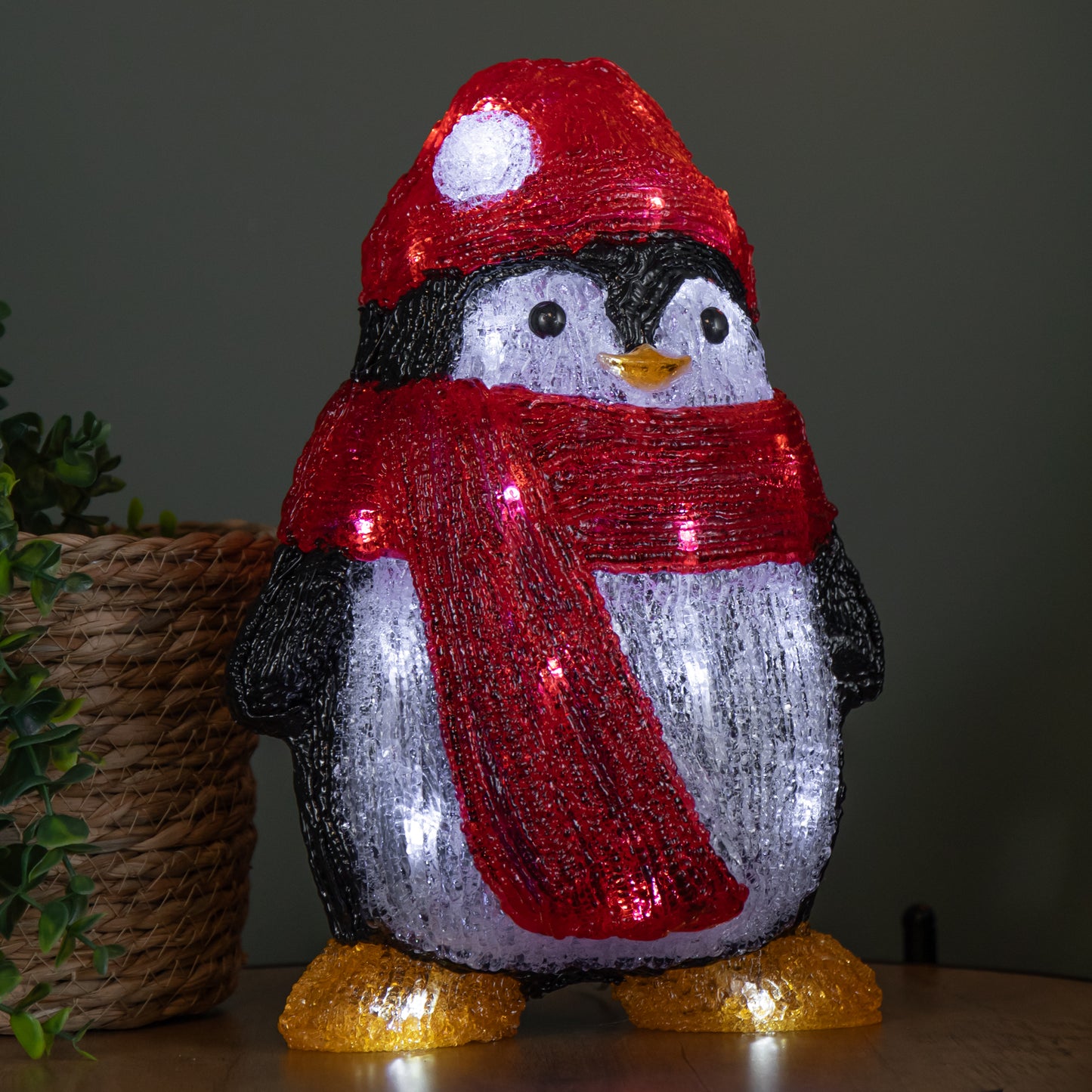 30cm Light up Acrylic Christmas Penguin with Scarf and 30 White LEDs