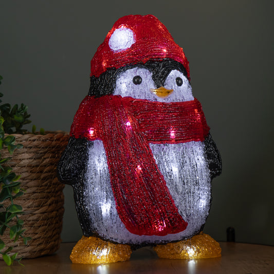 30cm Light up Acrylic Christmas Penguin with Scarf and 30 White LEDs