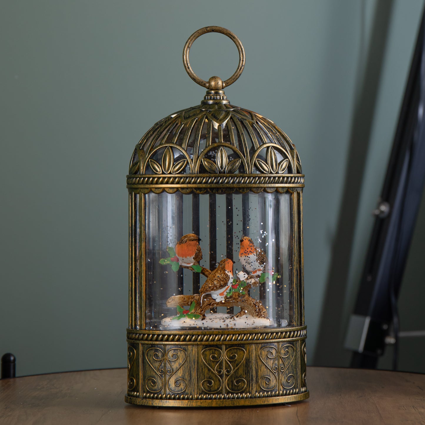 24cm Dual Powered Light up Christmas Cage Water Spinner with Robin Scene & LEDs