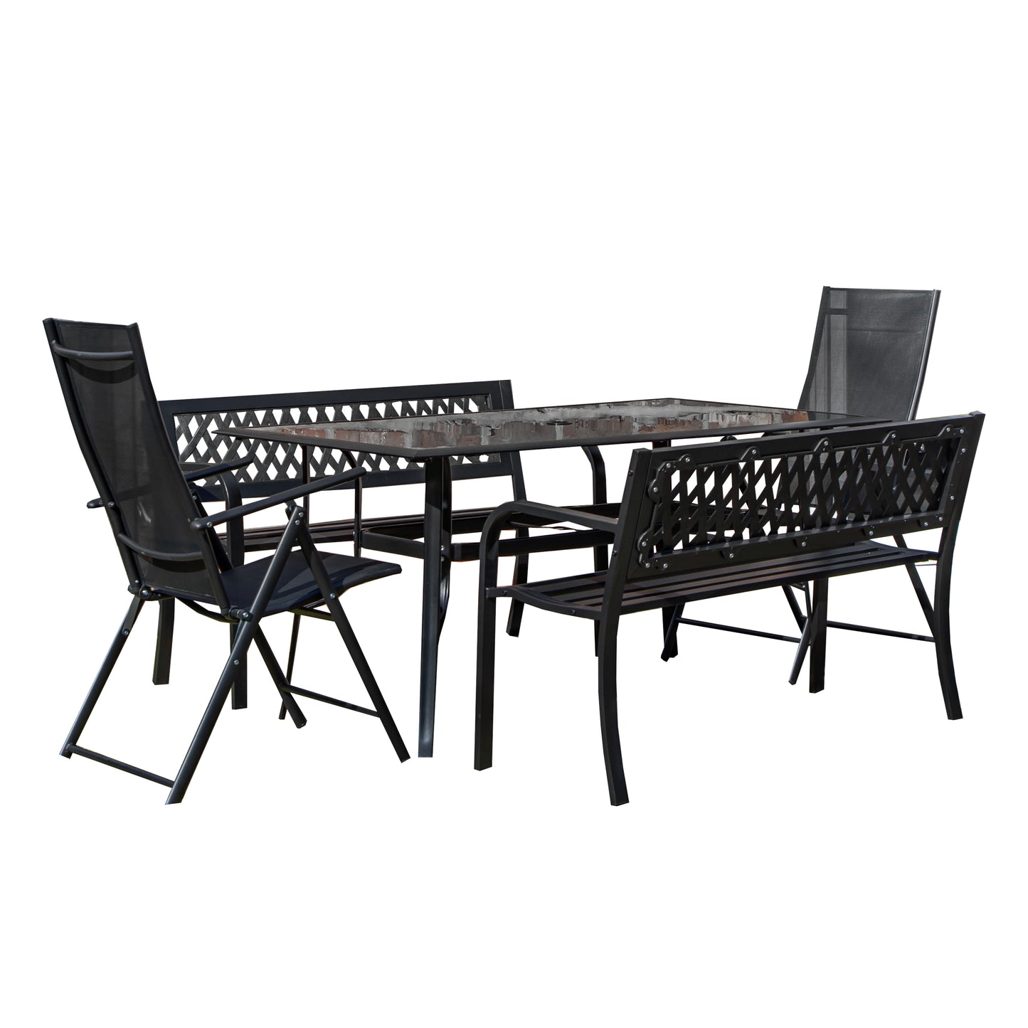 Outdoor 6 Person Rectangular Glass Top Garden Dining Table Benches & Chairs Set