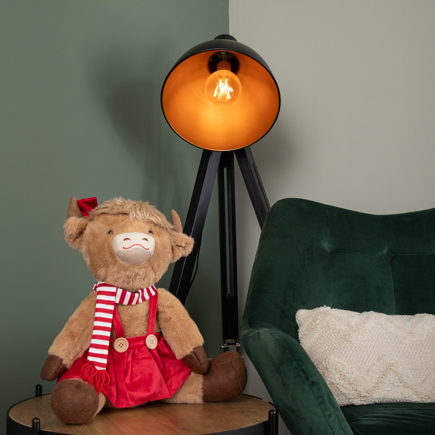 36cm Tall Plush Sitting Christmas Highland Girl Cow in Red Dress