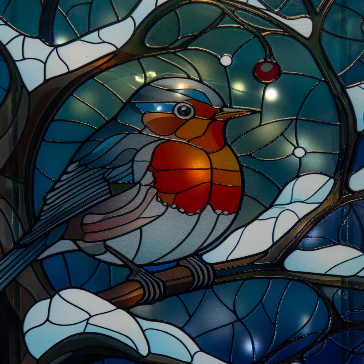 28cm Battery Powered Light up Stained Glass Christmas Decoration with Robin & Warm White LEDs