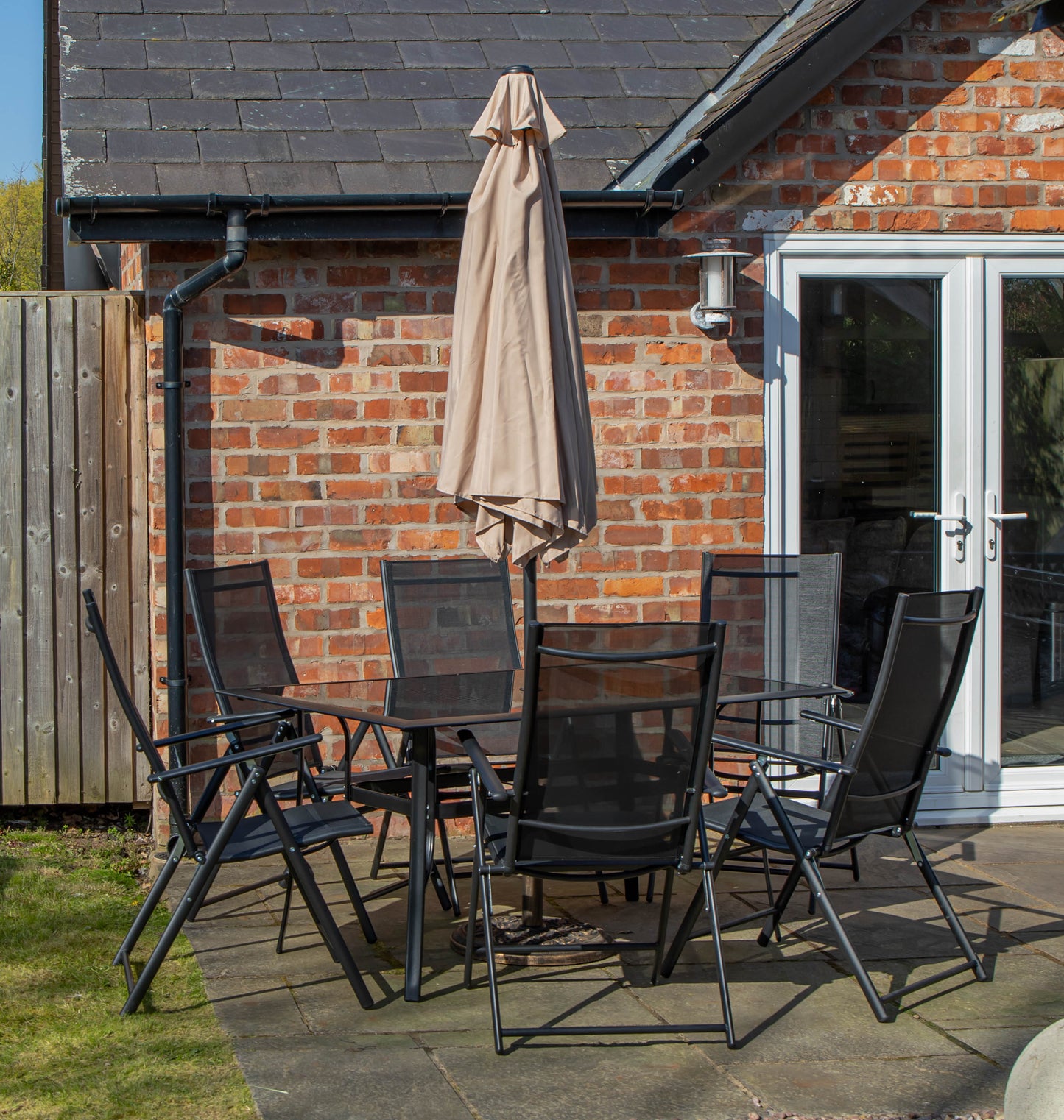 Outdoor 6 Person Rectangular Glass Top Garden Dining Table Chairs With Beige Parasol and Base Set