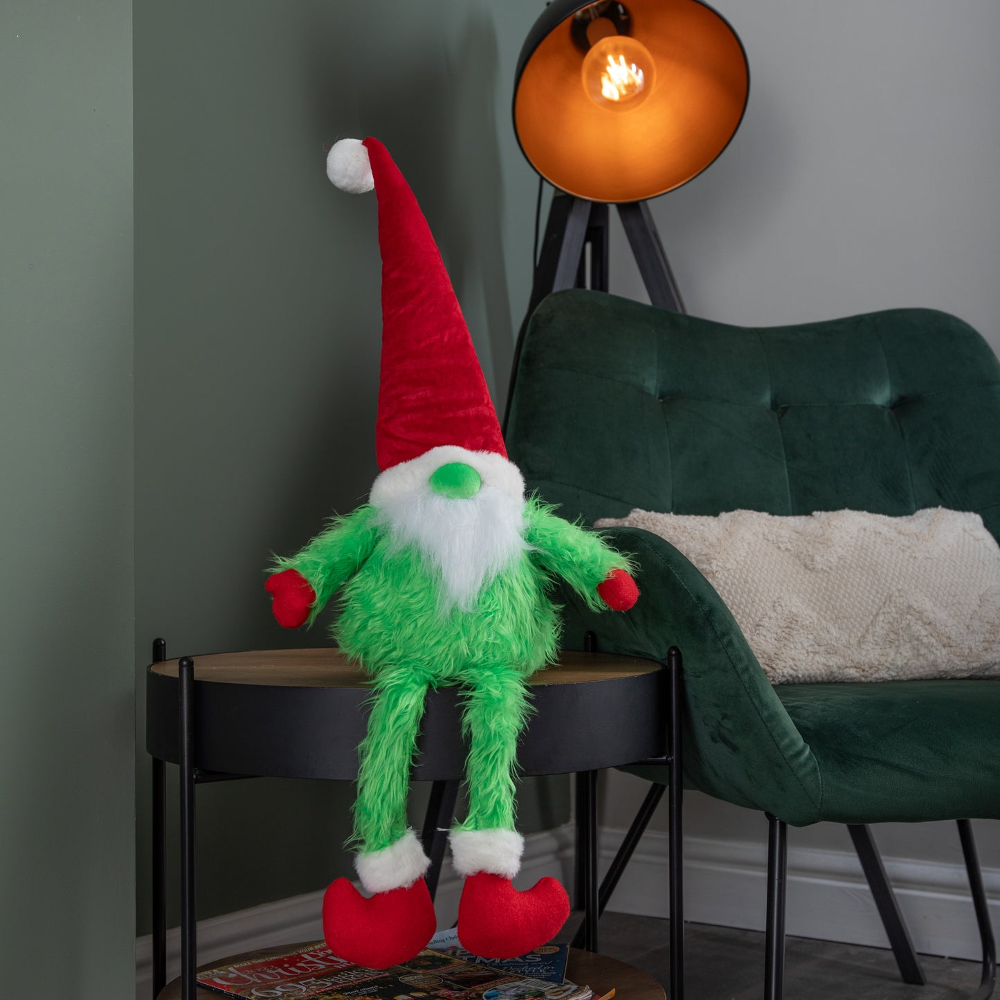 35cm Soft Green Fur Christmas Sitting Gronk Decoration with Santa Hat