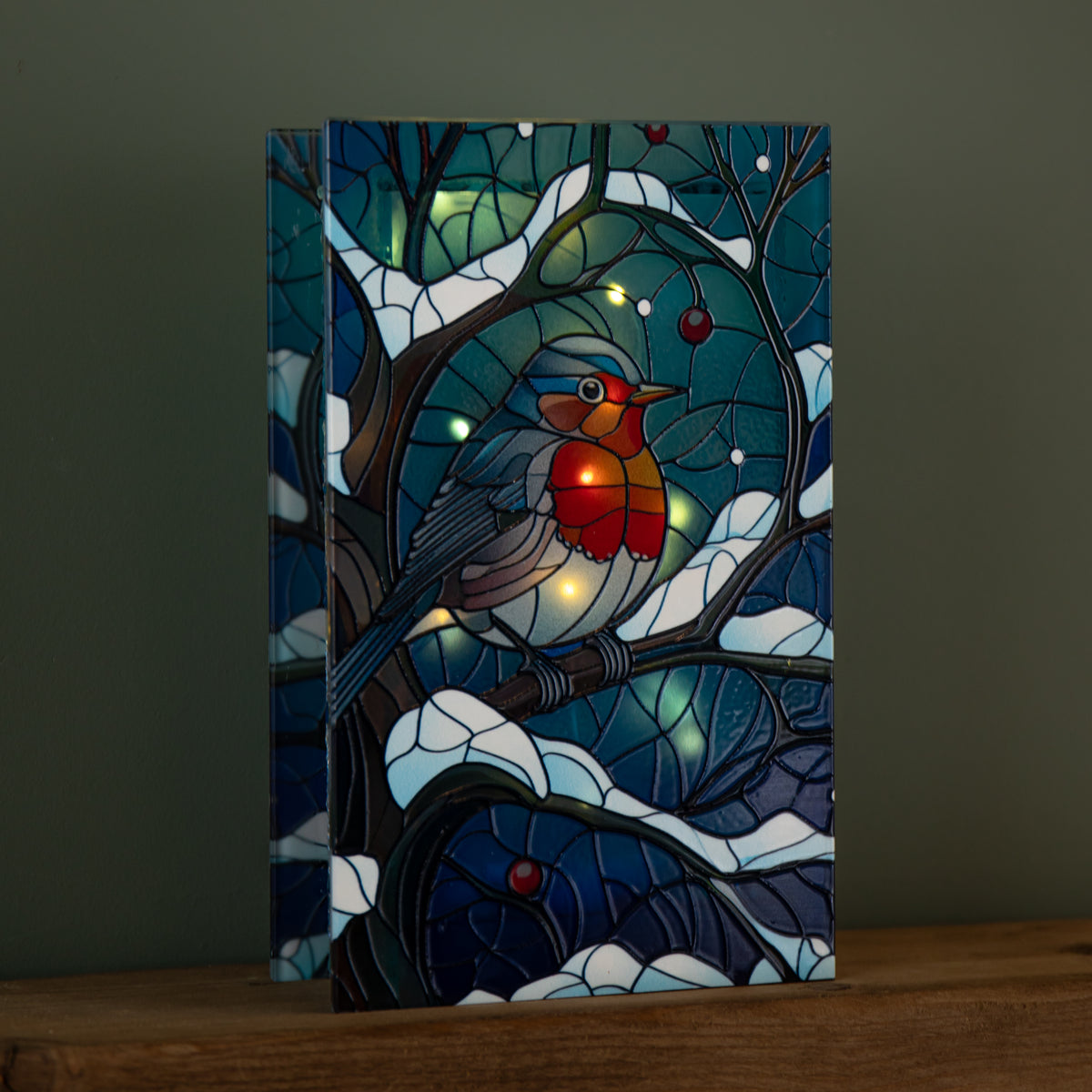 21cm Battery Operated Light up Stained Glass Christmas Decoration with Robin Scene & Warm White LEDs