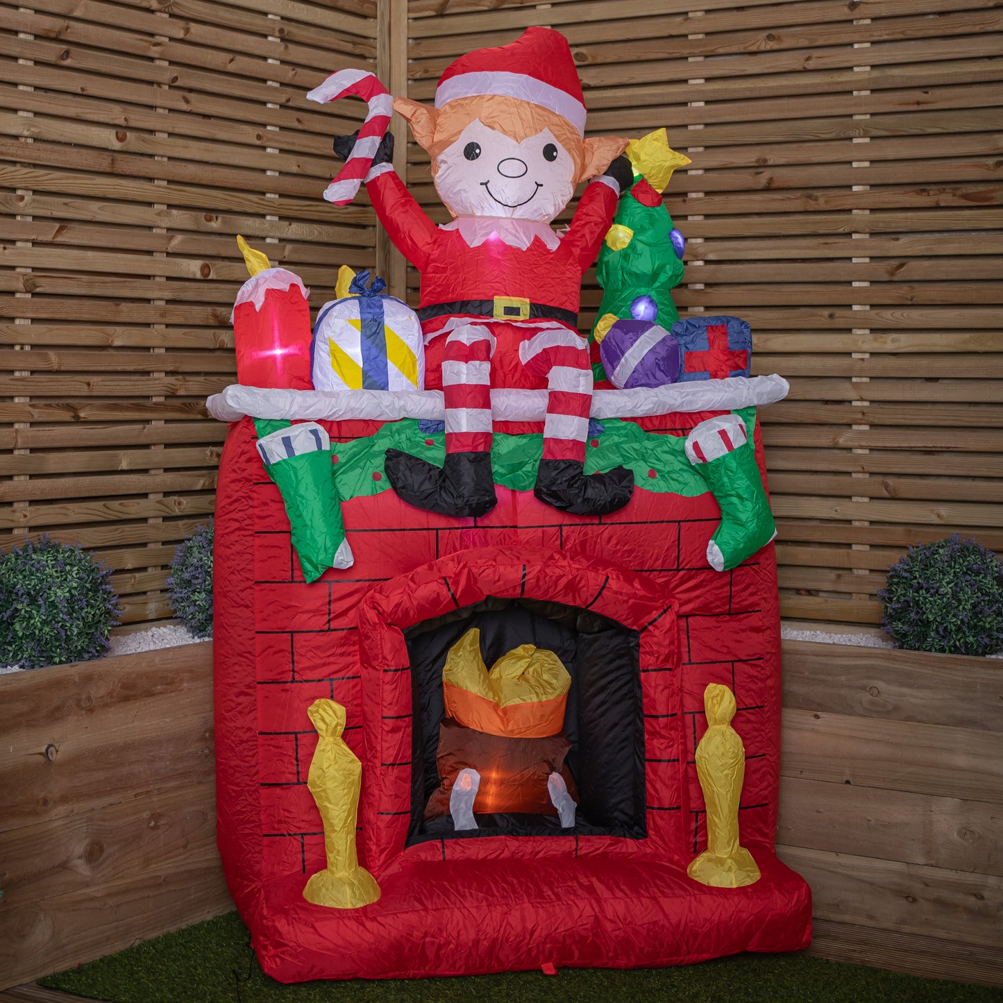 2m Tall Light up Fireplace Christmas Inflatable with Elf and White LEDs