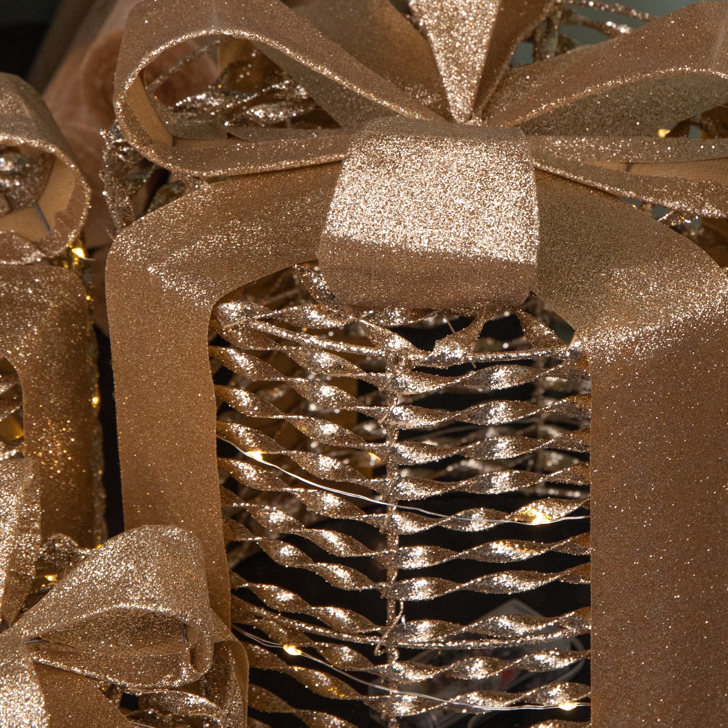 Set of 3 Battery Operated Gold Christmas Glitter Twist Gift Boxes with Warm White LEDs