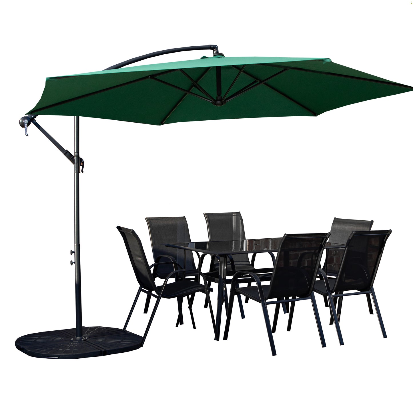 Outdoor 6 Person Rectangular Glass Top Garden Dining Table Chairs With Green Banana Parasol and Base