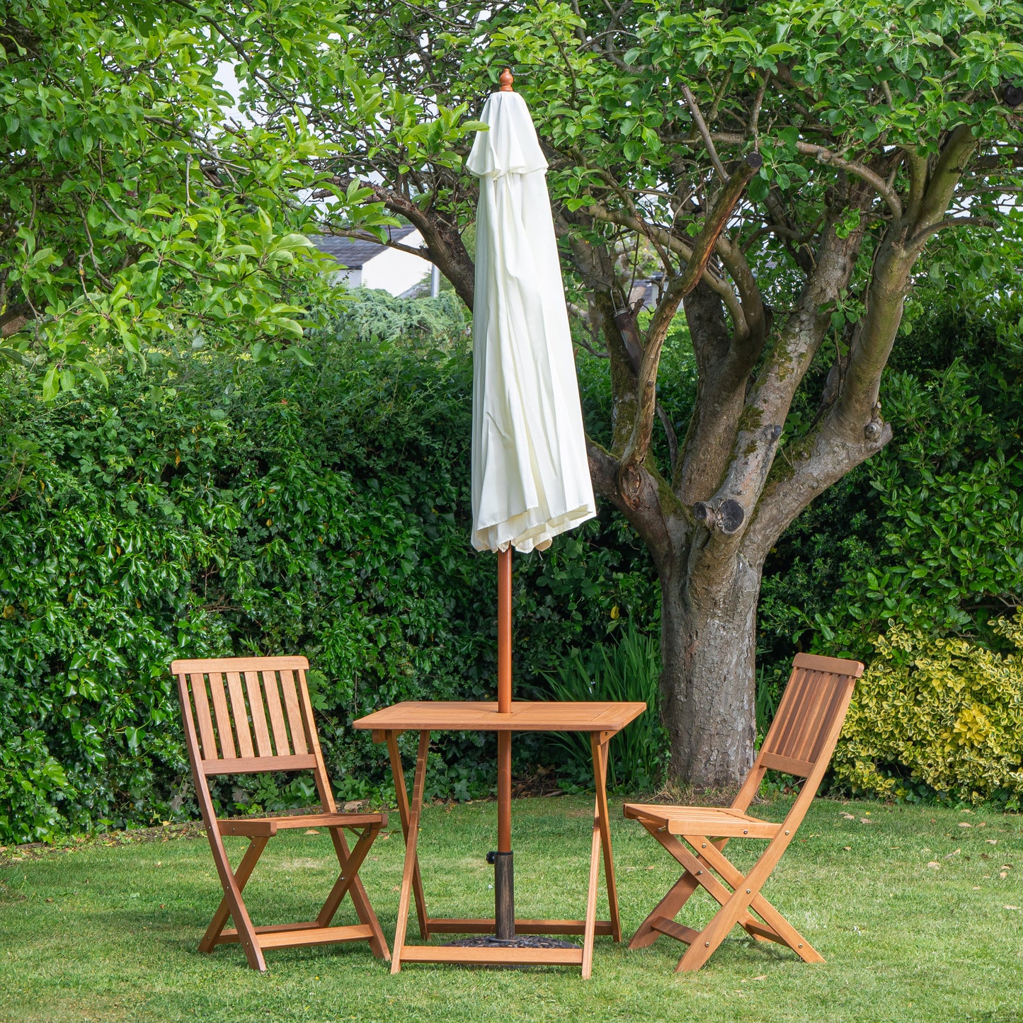 Outdoor 2 Person Folding Wooden Garden Dining Table Chairs Cream Parasol and Base Set