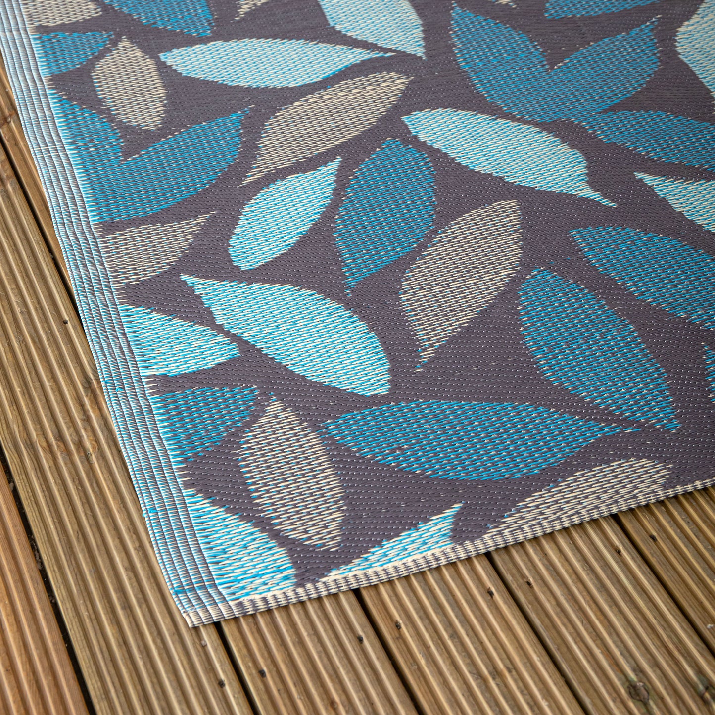 1.5m x 2.1m Flora Leaves Large Outdoor Alfresco Patio Rug Mat in Blue