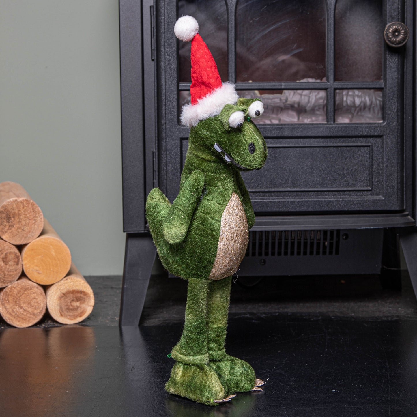 37cm Green Standing Christmas Dinosaur with Santa Hat