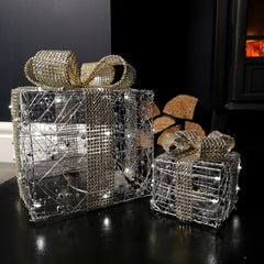 Set of 3 Battery Operated Silver Christmas Gift Boxes with LEDs