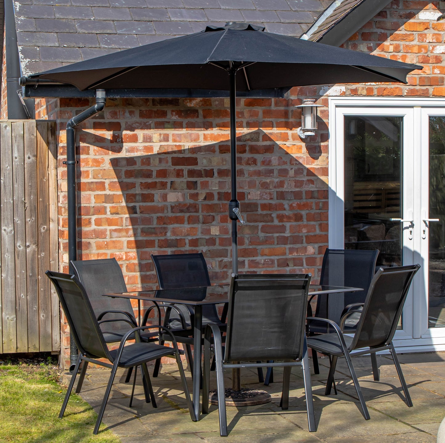Outdoor 6 Person Rectangular Glass Top Garden Dining Table Chairs With Black Parasol and Base Set