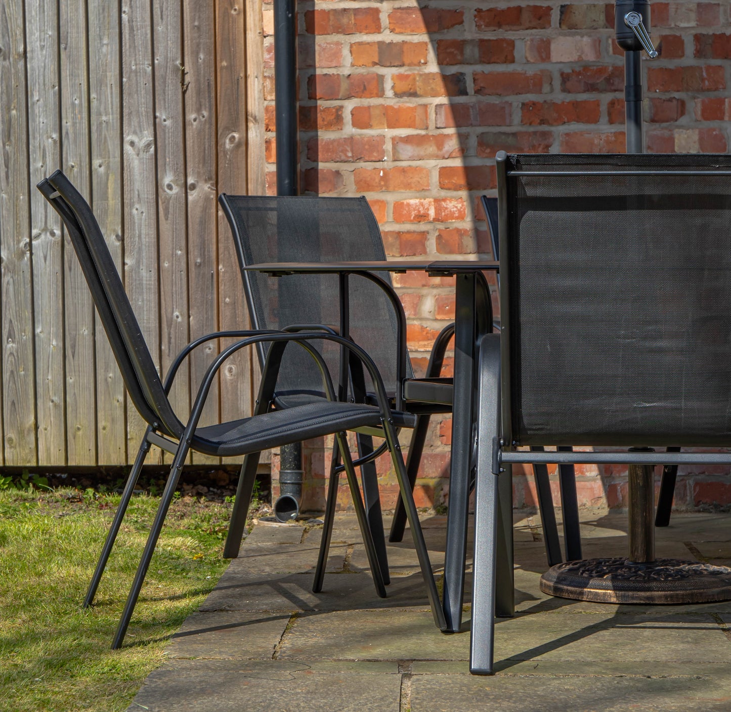 Outdoor 4 Person Rectangular Glass Top Garden Dining Table Chairs With Black Parasol and Base Set