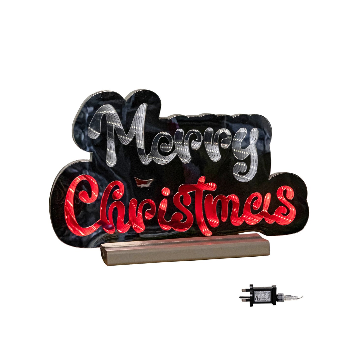 32cm Infinity Merry Christmas on Wooden Base with Red and White LEDs