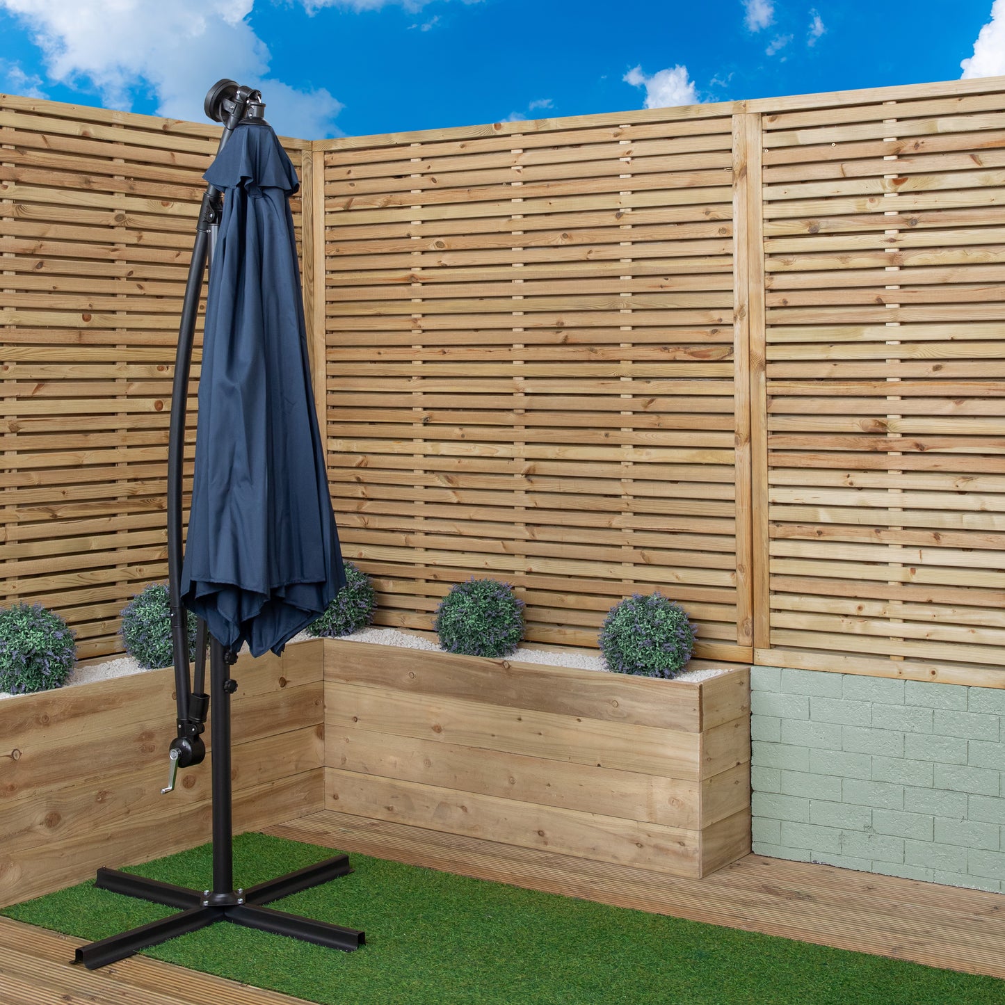 3m Solar Powered Lit Banana Cantilever Garden Parasol with LEDs & Base Weights Included in Blue