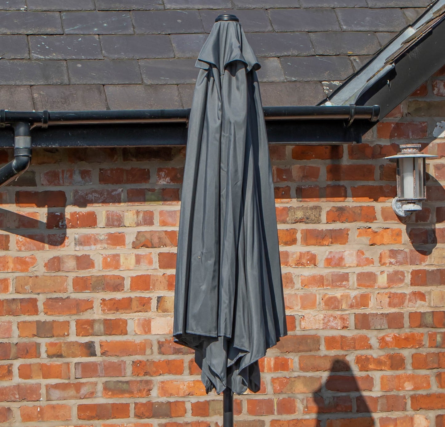 Outdoor 6 Person Rectangular Glass Top Garden Dining Table Chairs With Grey Havana Parasol and Base Set