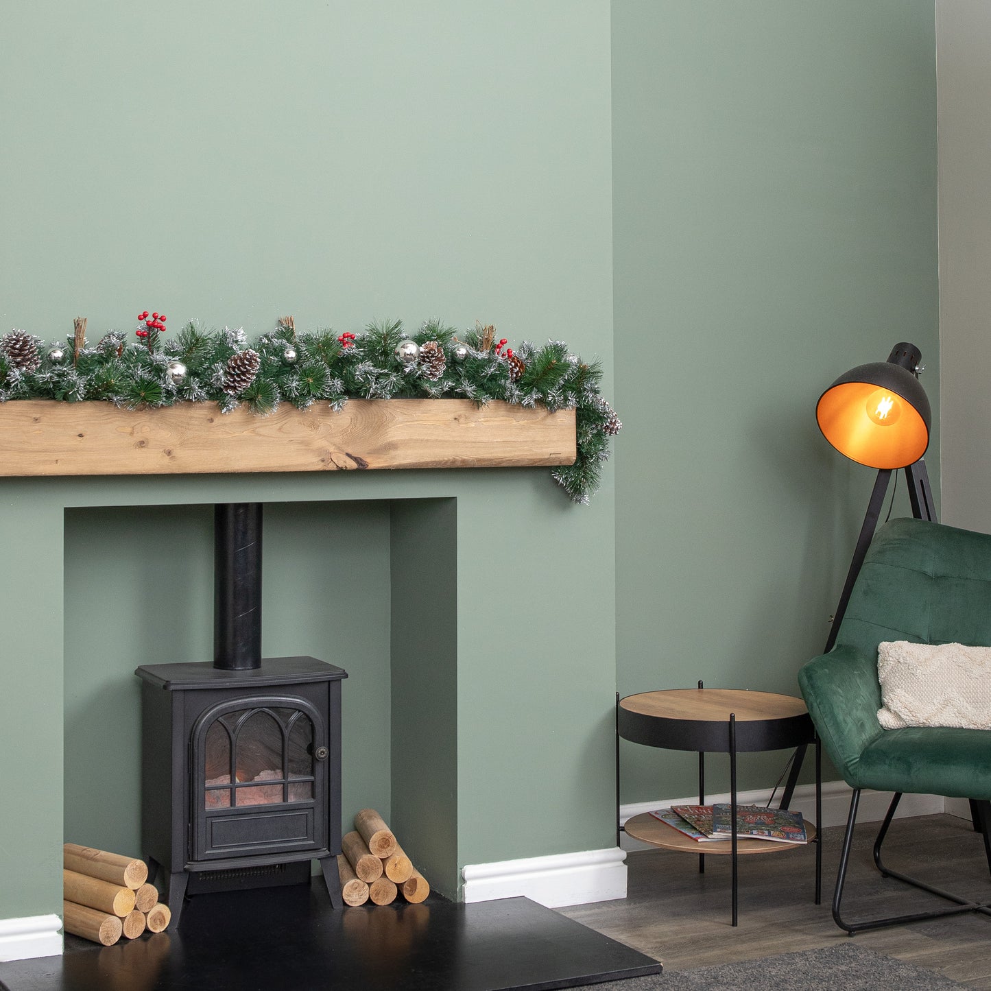 1.8m (6ft) Dressed Christmas Garland with Silver Baubles Pinecones & Berries
