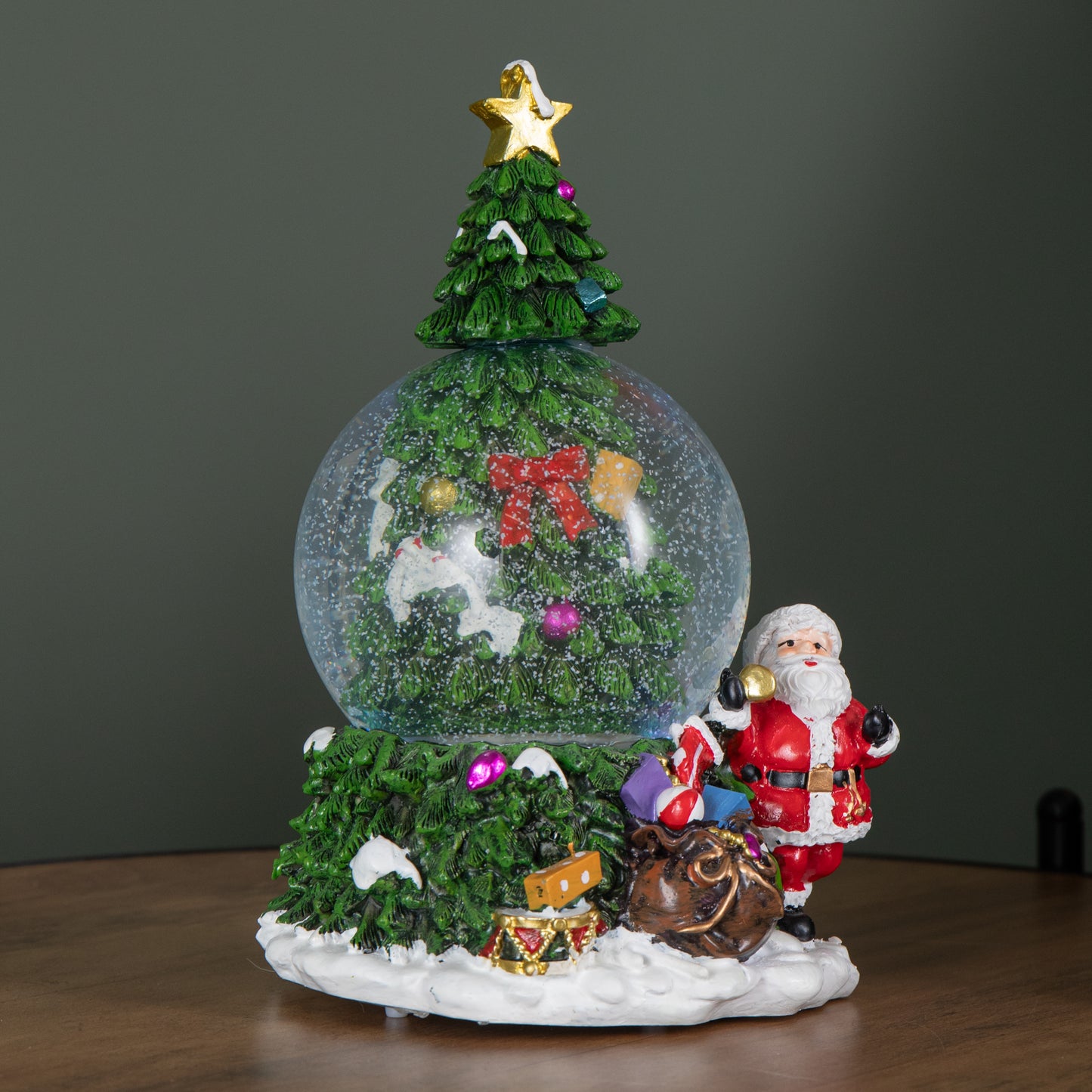 10cm Battery Powered Musical Tree Santa Spin Snowsphere with Colour Changing LEDs	