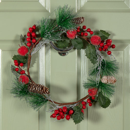 45cm Hanging Christmas Wreath with Apples and Red Berries