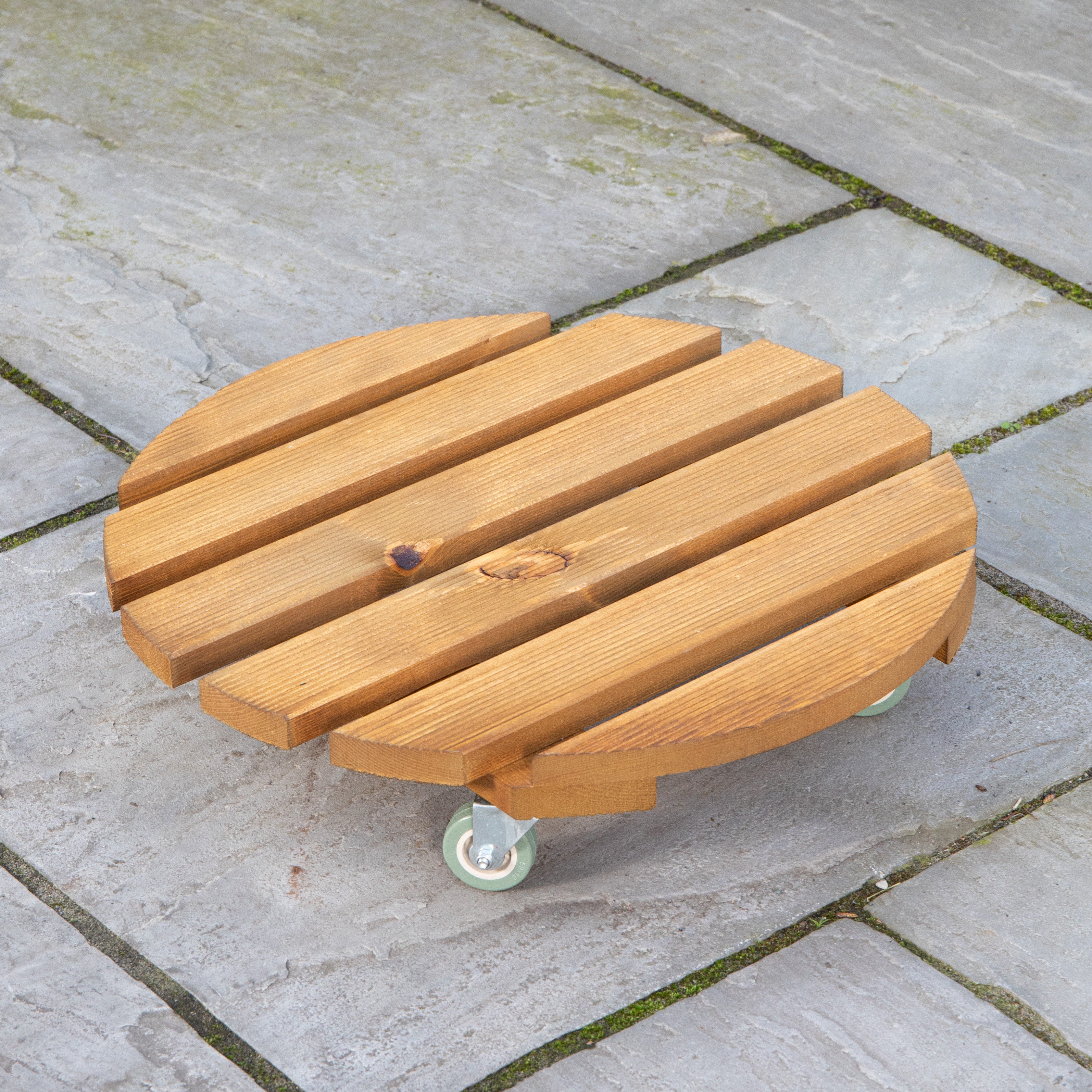 Tom Chambers Handcrafted Heavy Duty Round Traditional Wood Garden Patio Plant Flower Pot Stand Caddy Trolley Dolly on Strong Metal Castor Wheels Large 50cm