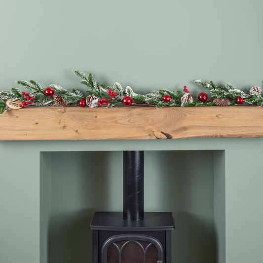 1.9m Christmas Frosted Pinecone Garland with Red Berries and Baubles