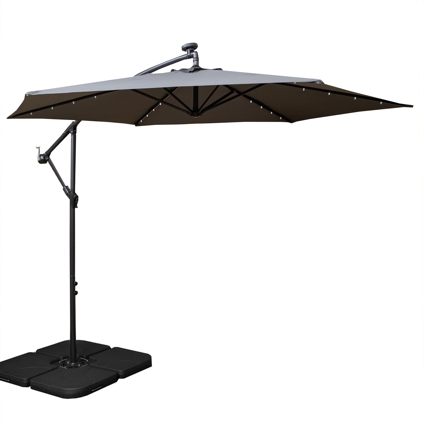 3m Solar Powered Lit Banana Cantilever Garden Parasol with LEDs & Base Weights Included in Grey