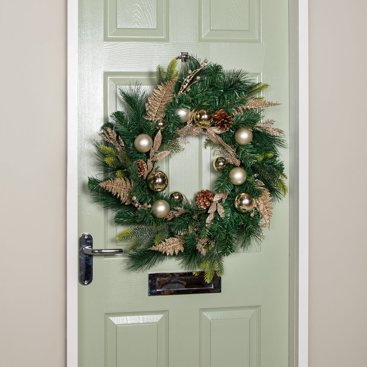 60cm Hanging Christmas Wreath with Gold Baubles, Pinecones & Glitter Berries
