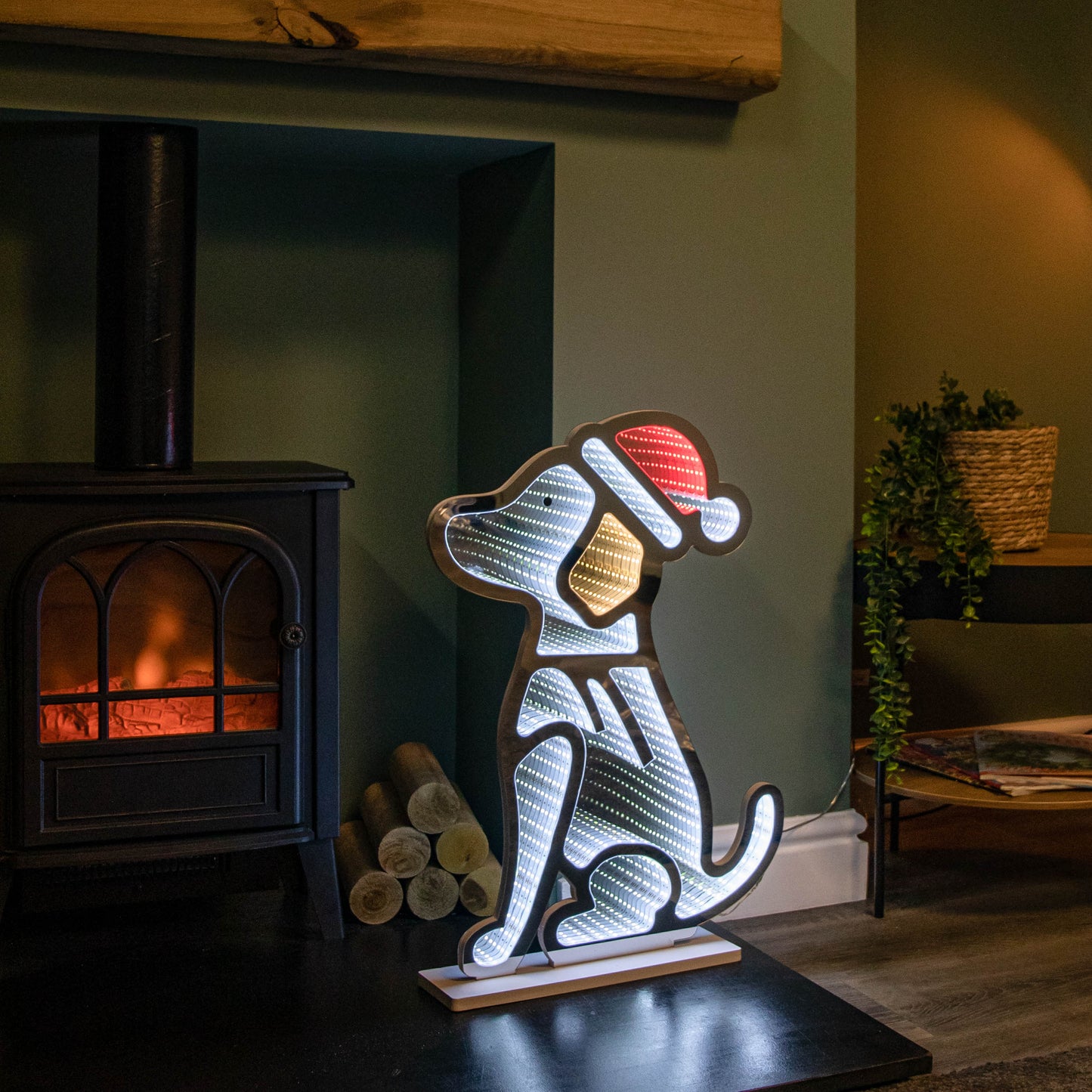 60cm Light up Sitting Dog in Santa Hat Infinity Christmas Decoration with LEDs