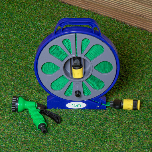 Factory Seconds: 15m Flat Garden Hose Pipe with Spray Nozzle and Wind up Storage Reel