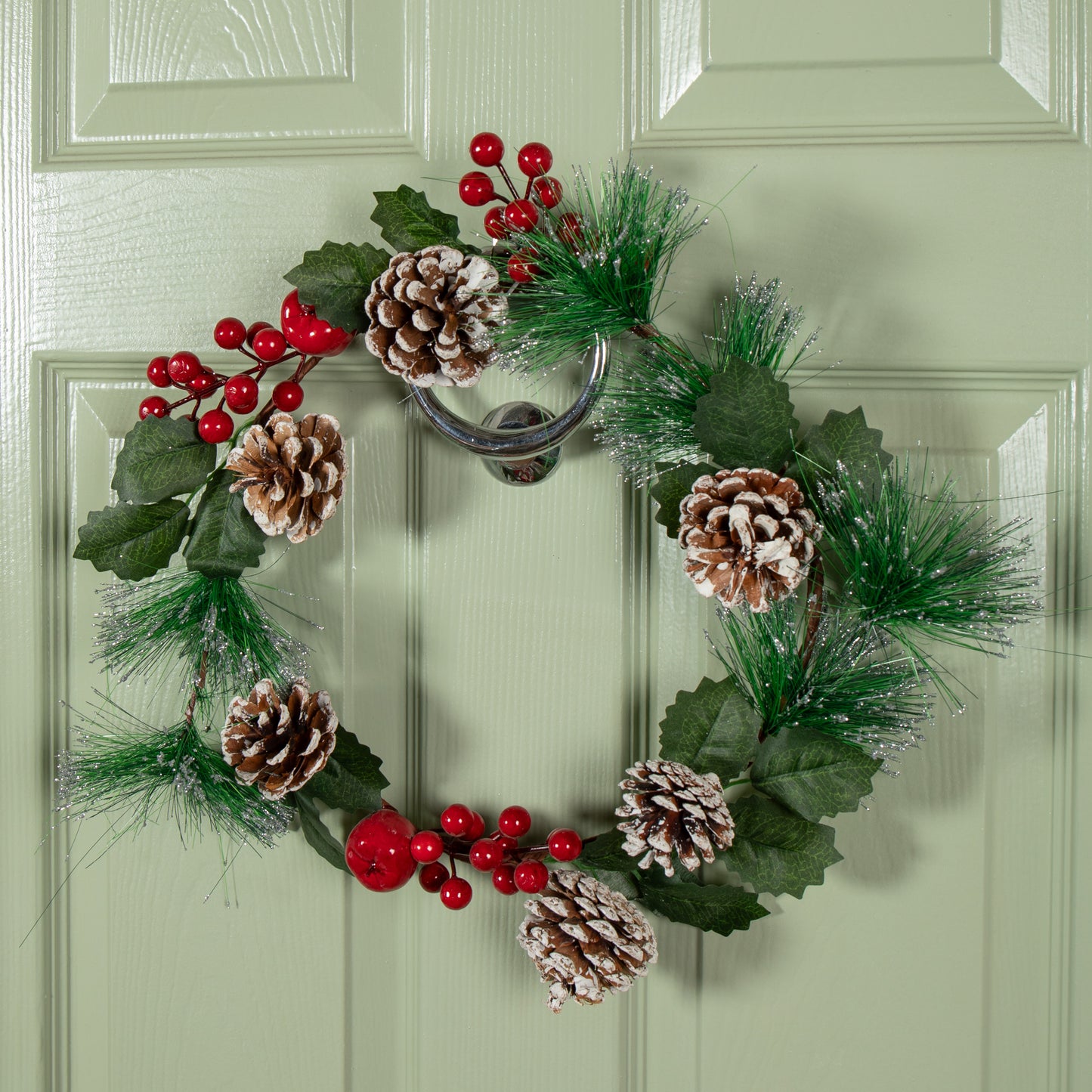 45cm Hanging Christmas Wreath with Red Berries and Frosted Pinecones