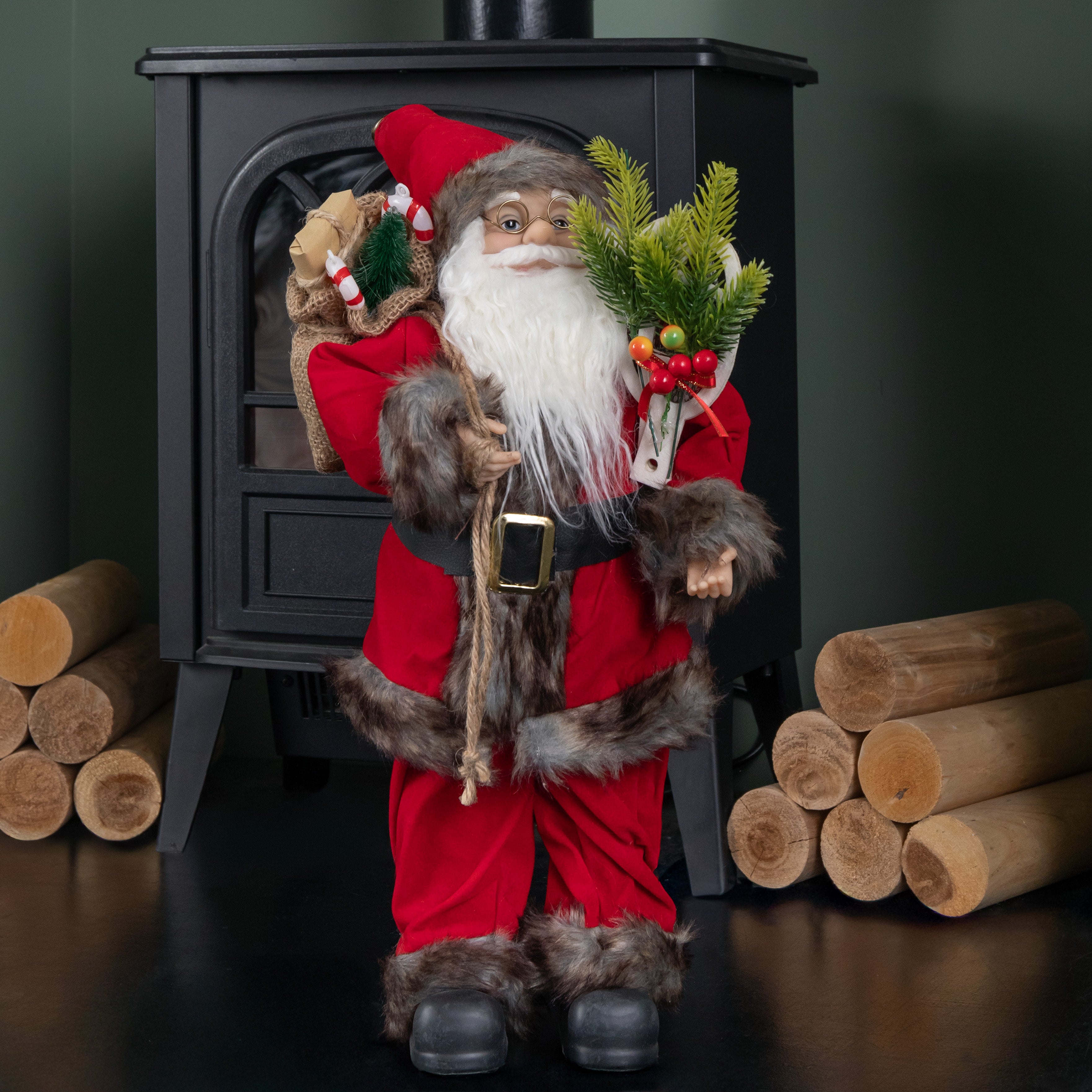 45cm Standing Traditional Santa Claus Christmas Decoration with Gift Sack