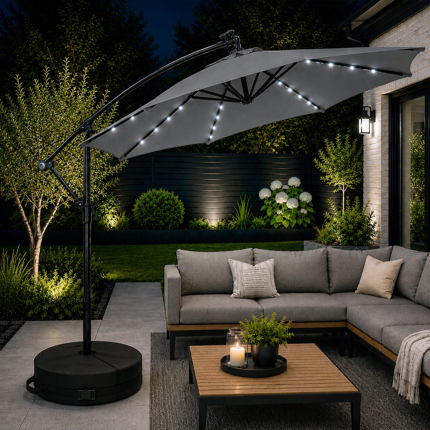 Choice of Colour 3m Hanging Banana Cantilever Garden Lit Parasol with Base Bag Included