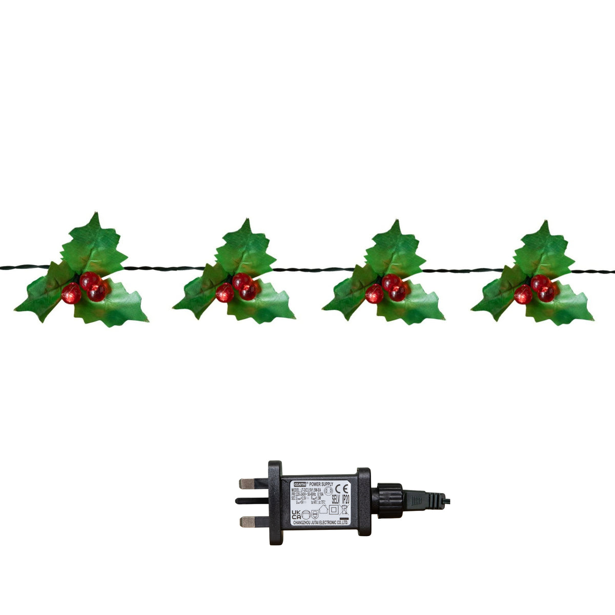 2.8m Christmas Holly Garland with Red Berries and 40 Red LEDs