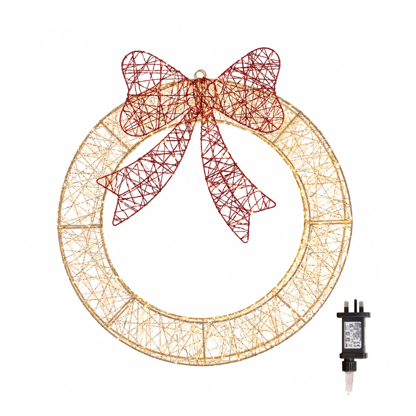 70cm Light Up Christmas Wreath with 750 Warm White LEDs, Timer & Red Bow