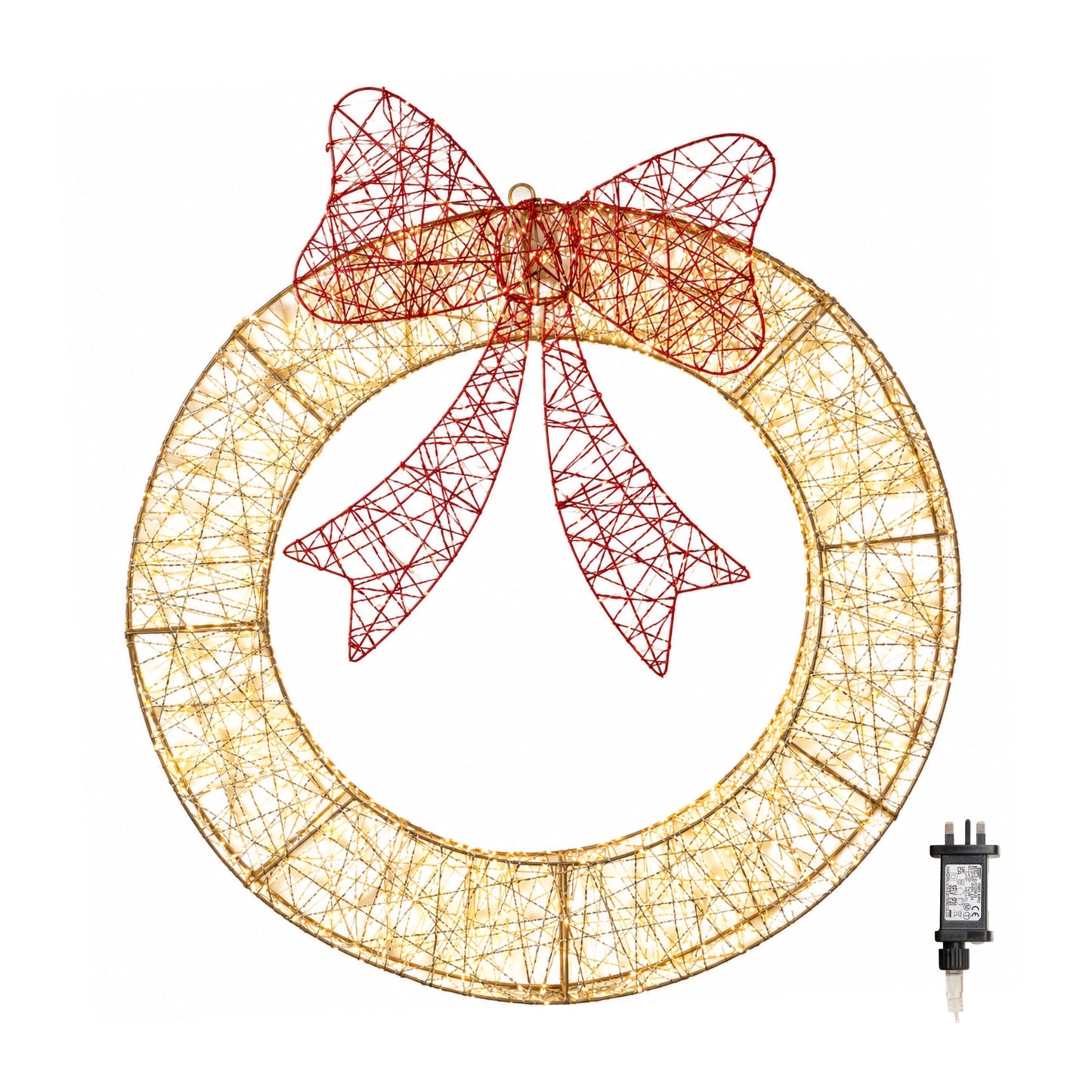 90cm Light up Gold Twist Christmas Wreath with Red Bow and 1440 Warm White LEDs