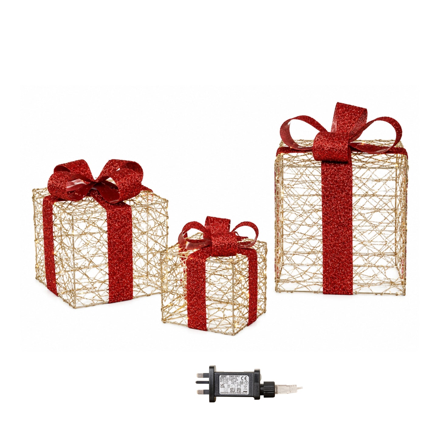 Set of 3 Gold Light Up Christmas Parcel Decorations with 90 Warm White LEDs
