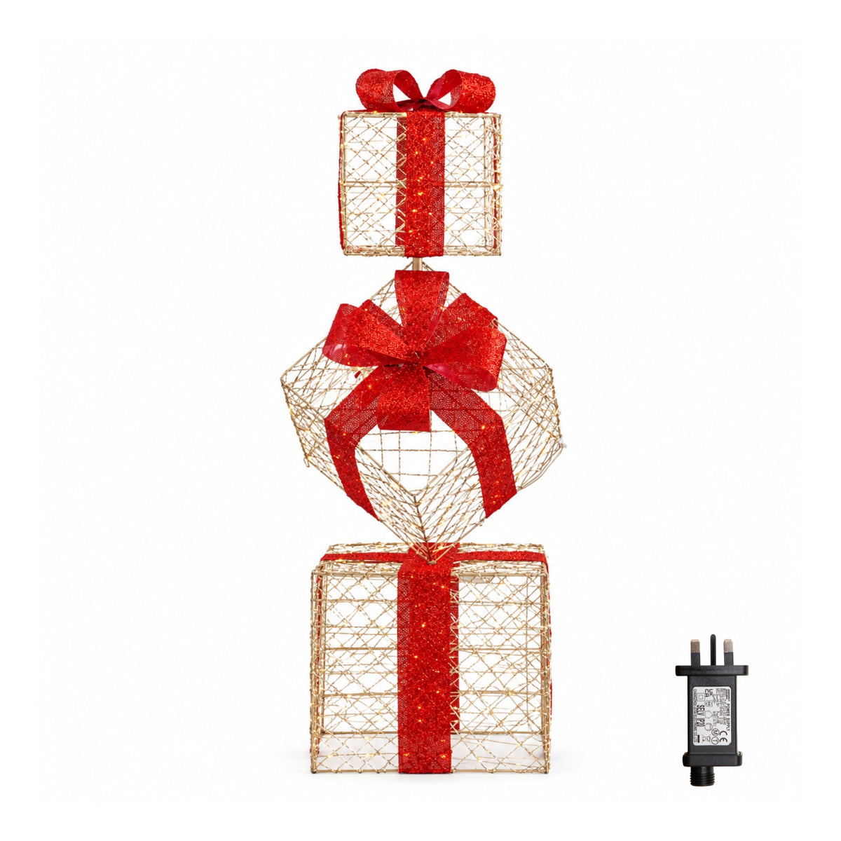 96cm Gold Light Up Christmas Parcel Stack with 500 Warm White LEDs & Timer