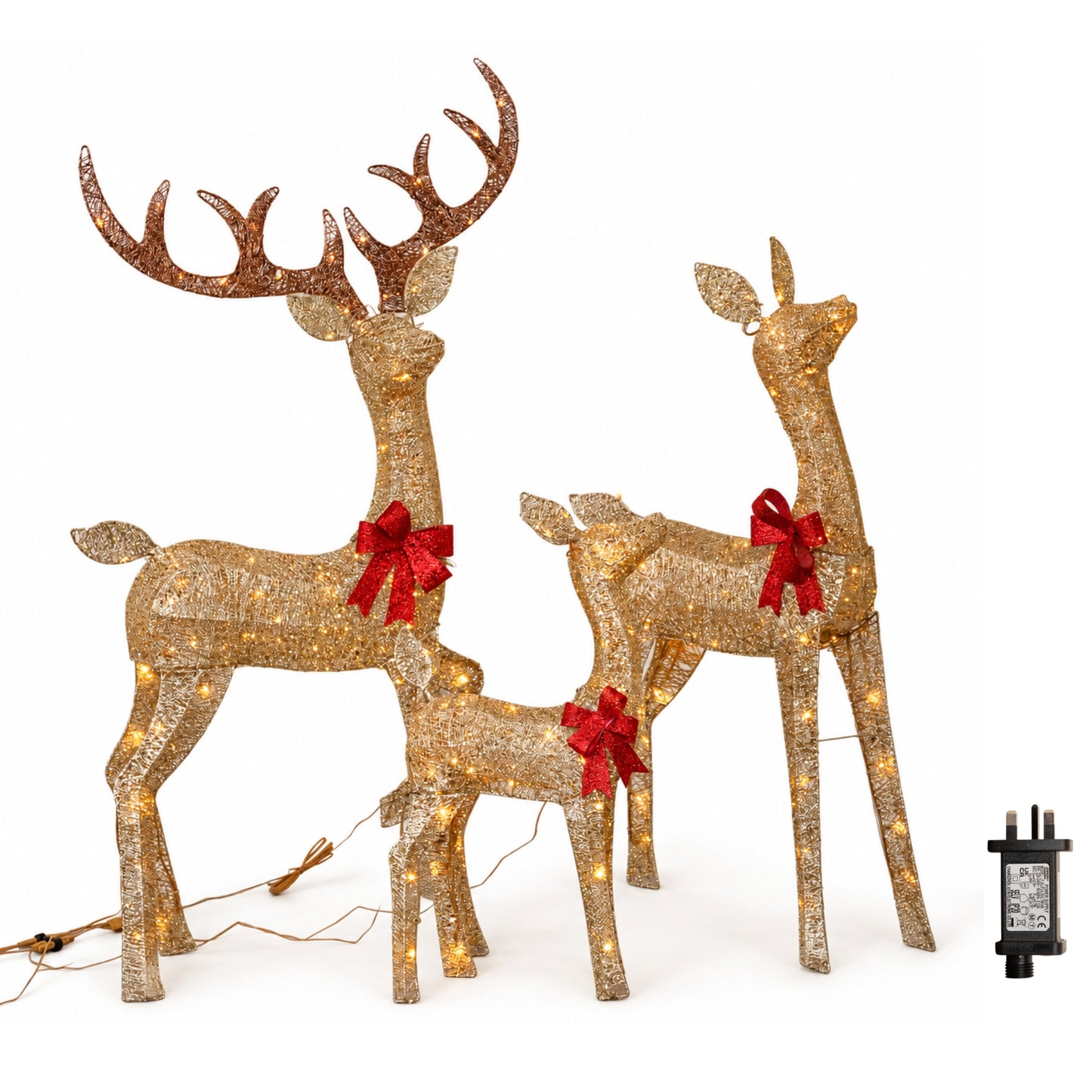 Set of 3 Gold Glitter Light Up Reindeer Family with 210 Warm White LEDs & Timer